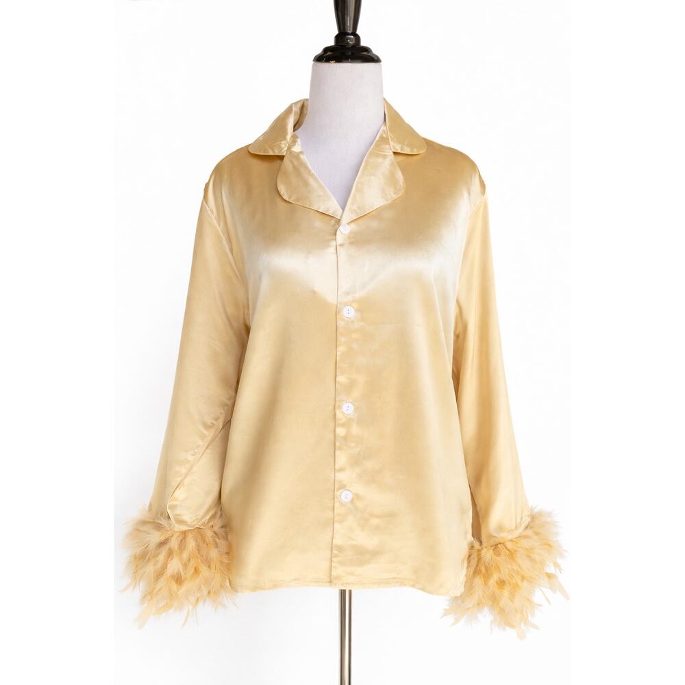 Satin Feather Cuff Blouse Pajama Style Button Up Y2K Old Hollywood Glam Top - Picture 2 of 8